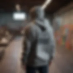 A stylish Huf hoodie displayed in an urban skatepark setting