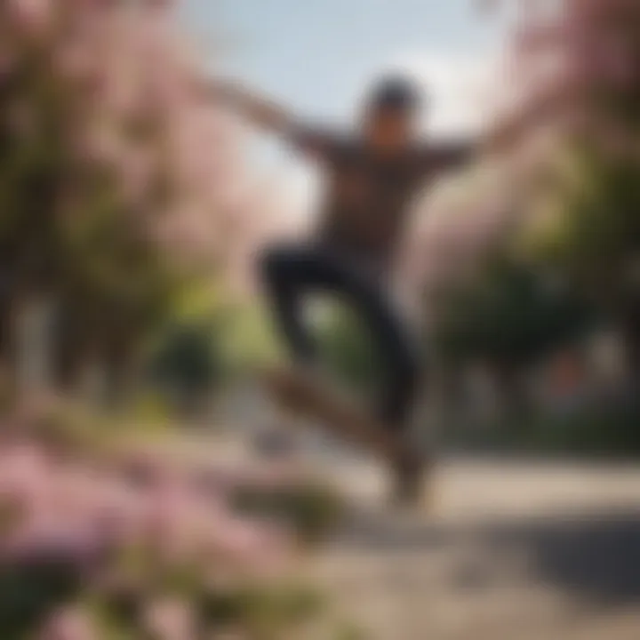 Skateboarder executing a trick amidst blooming flowers