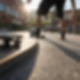 A GoPro camera mounted on a skateboard capturing a trick in motion