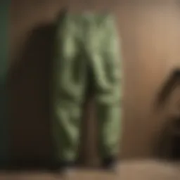 Light Green Cargo Pants folded neatly on a wooden hanger