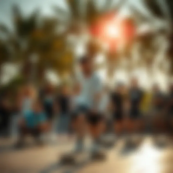 A diverse group of skaters enjoying their Loaded Boards in a vibrant skate park atmosphere.
