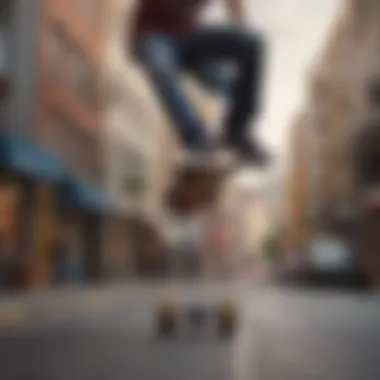 Urban Riding with Loaded Vanguard Rider performing a trick on the Loaded Vanguard longboard in an urban environment.