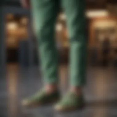 Green chino pants paired with stylish loafers