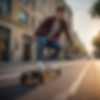 User enjoying the ride on the Lycaon GR electric skateboard in an urban setting.