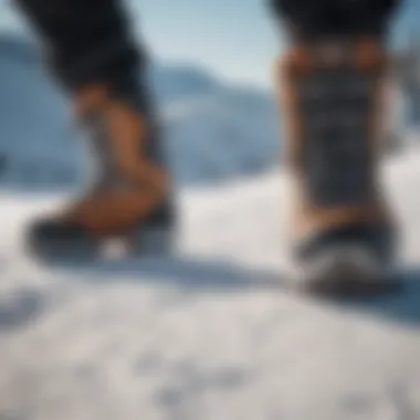 Top view of premium snowboard boots on snowy terrain