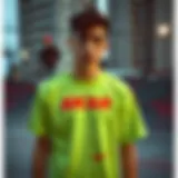 Neon green t-shirt showcased in an urban skatepark setting