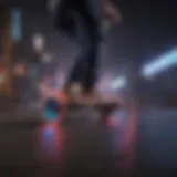 Glowing neon one wheel skateboard in action