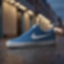 Sleek silhouette of Nike SB Heritage Vulc Blue against urban backdrop