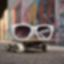 Stylish oval white glasses resting on a skateboard with urban graffiti background