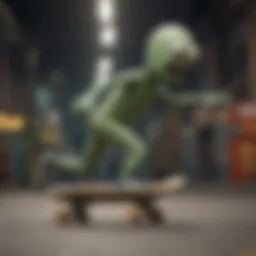 Abstract representation of Pickle Rick's transformation in skateboarding culture