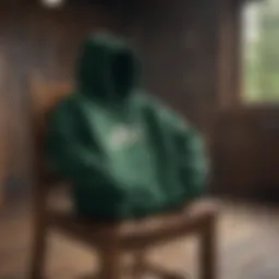 Pine green Nike hoodie draped over rustic wooden chair