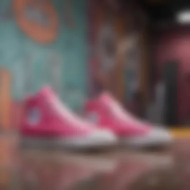 Pink Converse in Skate Culture Vibrant Pink Converse size 2 showcased against a colorful skateboard backdrop.