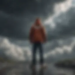 Illustration depicting a person standing strong amidst stormy clouds