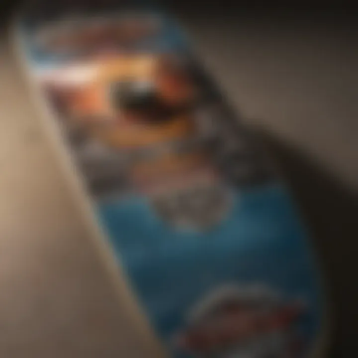 A close-up of a skateboard deck illustrating unique designs and branding