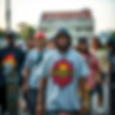 Group of skateboarders wearing unique printed tees