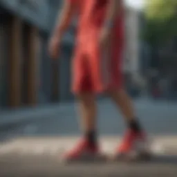 Dynamic skateboarding in red Adidas shorts showcasing style and performance