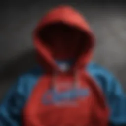 Iconic red and blue Champion hoodie laid flat with logo detail