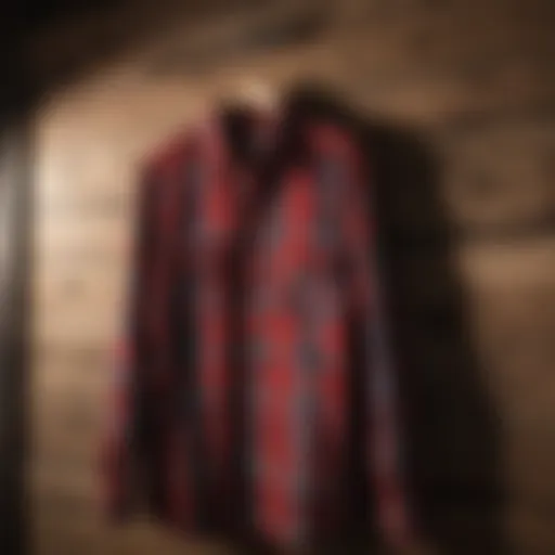 Red Plaid Flannel Shirt Hanging on Rustic Wooden Hanger