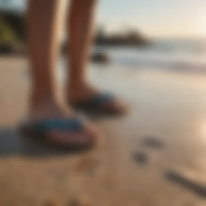 Feet adorned in stylish Reef flip-flops in a beach setting