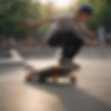 Skaters in Action with Mini Logo Decks Skaters performing tricks on mini logo skate decks at a skate park
