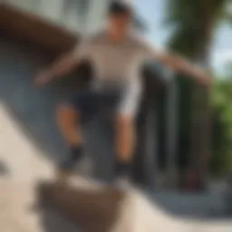 Skateboarder performing a high ollie in sweat shorts