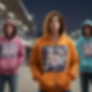 Group of skaters wearing bling zip-up hoodies in a vibrant skate park