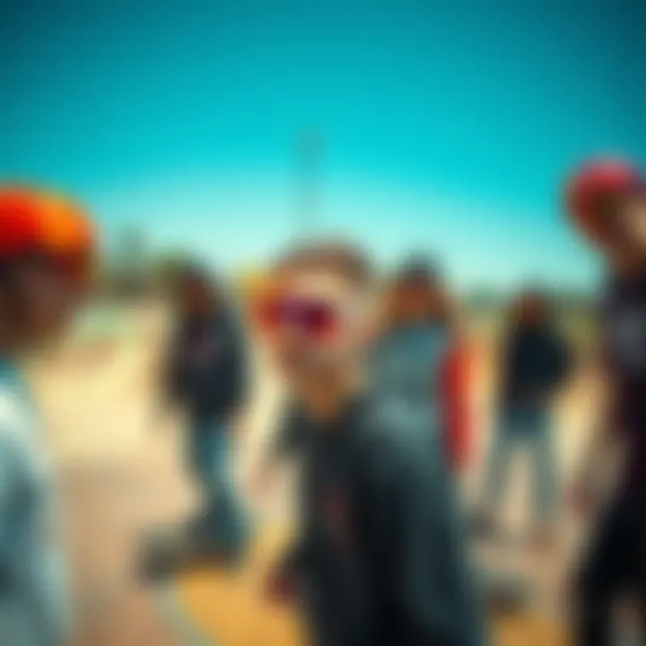 Skate Park Vibes with Fire Sunglasses Group of skaters in a vibrant skate park featuring various sunglasses