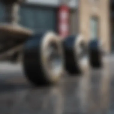 Close-up of skateboard wheels on a concrete surface