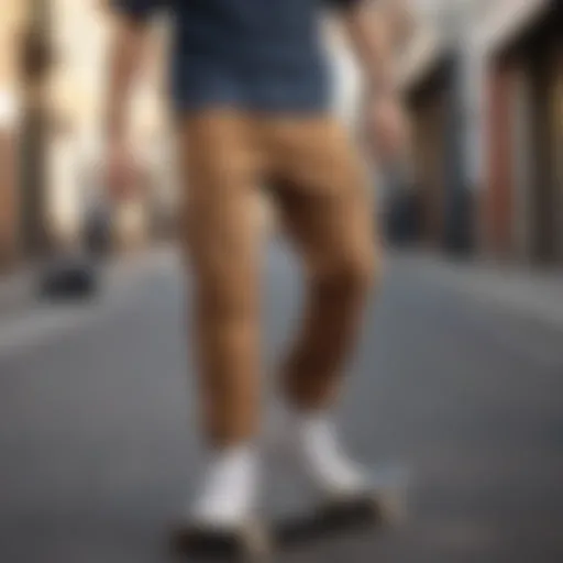 Skateboarder in cute utility pants performing a trick