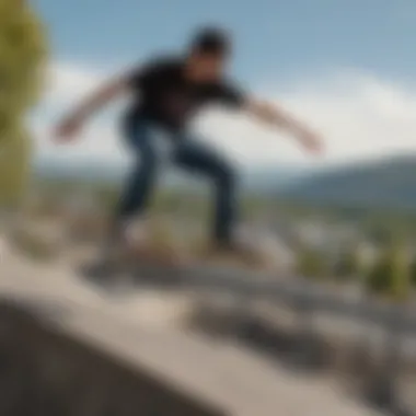 Daring Feats Skateboarder performing a daring grind on a handrail at Diamond Center Anchorage