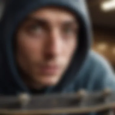 Close-up of skateboarder's feet on board with hoodie pulled over face
