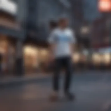 A skateboarder wearing a hologram t-shirt in an urban setting