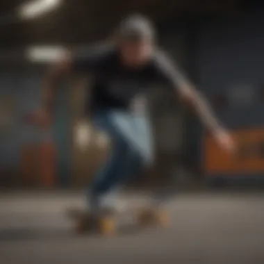 Skateboarder wearing a stylish solid tee performing a trick.