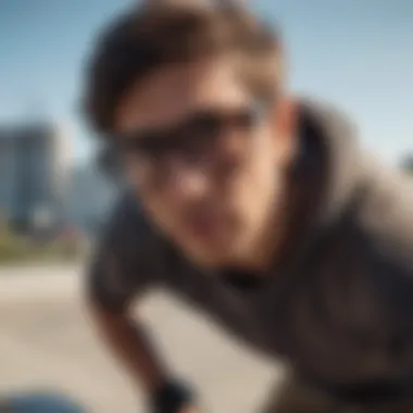 Skateboarder performing a trick with wrap around glasses