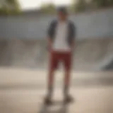 Skateboarder showcasing style in short sweat shorts at skatepark