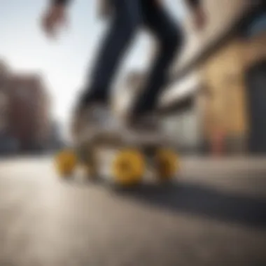 Skateboarder performing a trick with vibrant yellow wheels in focus