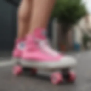 Skateboarding with Style A skateboarder performing tricks while wearing Pink Converse size 2.