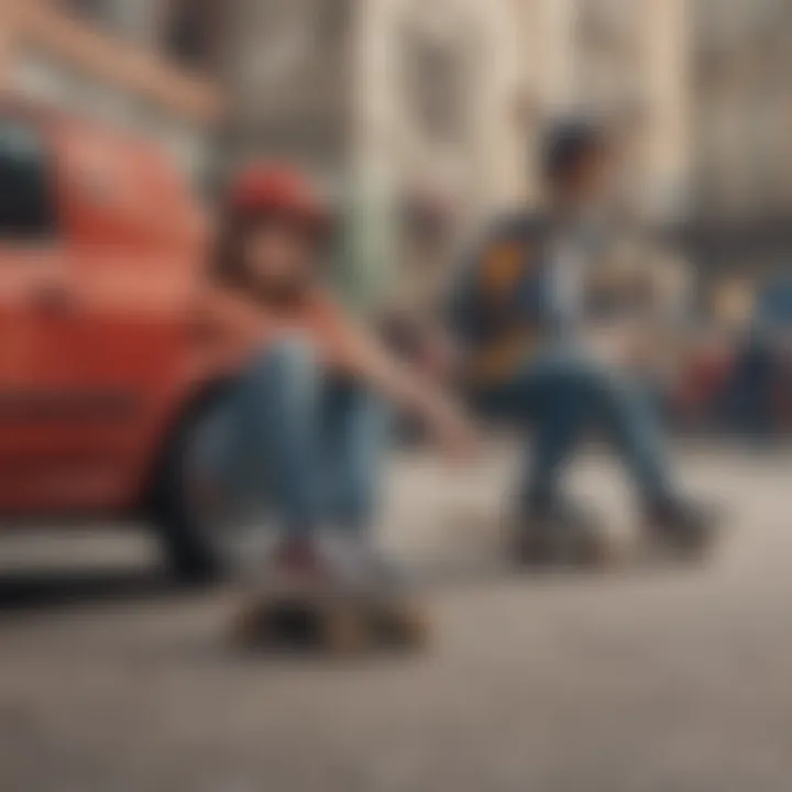 A vibrant street scene featuring skateboarders wearing colored checkered Vans, highlighting their role in skate culture.