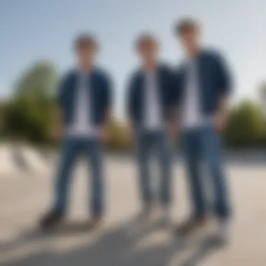 Group of skateboarders wearing baggy Dickies jeans in a skate park