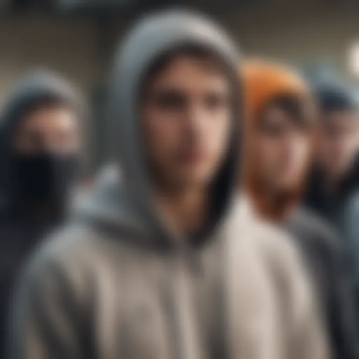 Group of skateboarders with zip-up hoodies over their faces at skate park
