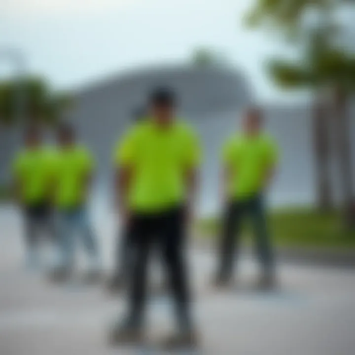Group of skateboarders wearing neon green t-shirts during a skate session