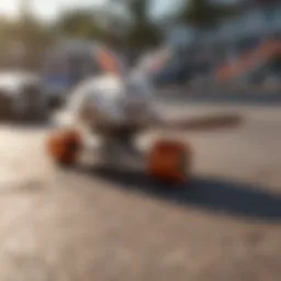 Colorful skateboard deck with beach bunny motifs