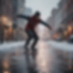 Skateboarder performing a trick on a snowy street