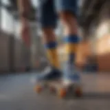 A skater executing a flawless trick with Stephen Curry socks