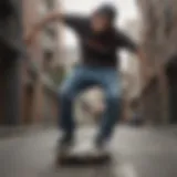 Skateboarder performing a trick in baggy Dickies jeans