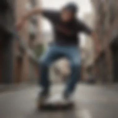 Skateboarder performing a trick in baggy Dickies jeans