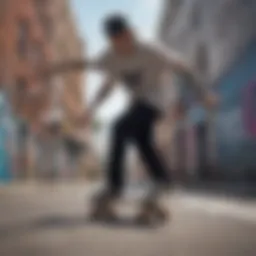 Skateboarding in urban setting with graffiti art in background