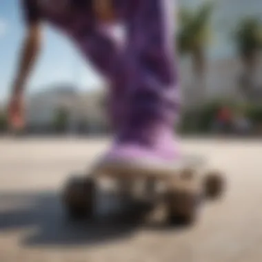 Skater performing tricks while wearing purple tie dye Vans