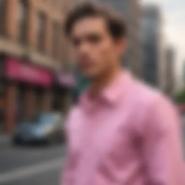 Stylish man in a pink button-down shirt against a city backdrop