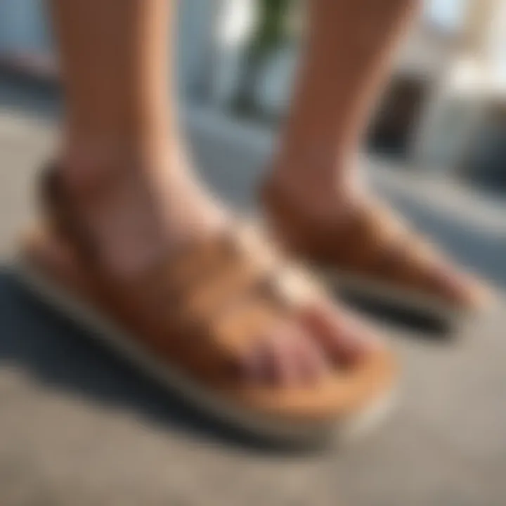 Close-up of tan reef sandals on a skateboard